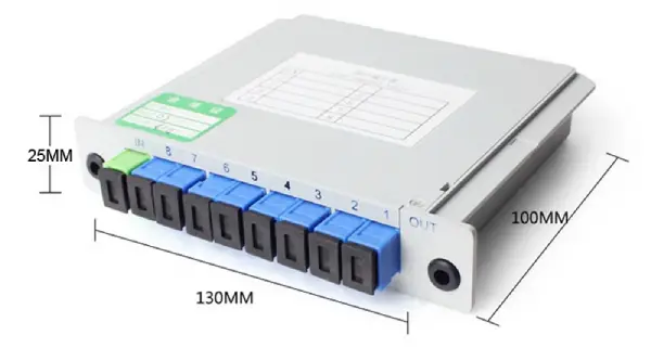 fiber optic plc spliter modular 1x8 with connectors sc/upc, input pigtail sc yellow g657a fiber 1.5meter 2mm