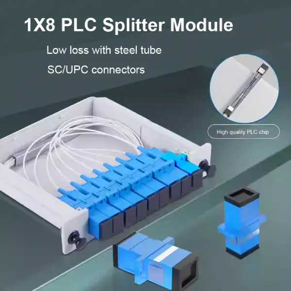 fiber optic plc spliter modular 1x8 with connectors sc/upc, input pigtail sc yellow g657a fiber 1.5meter 2mm