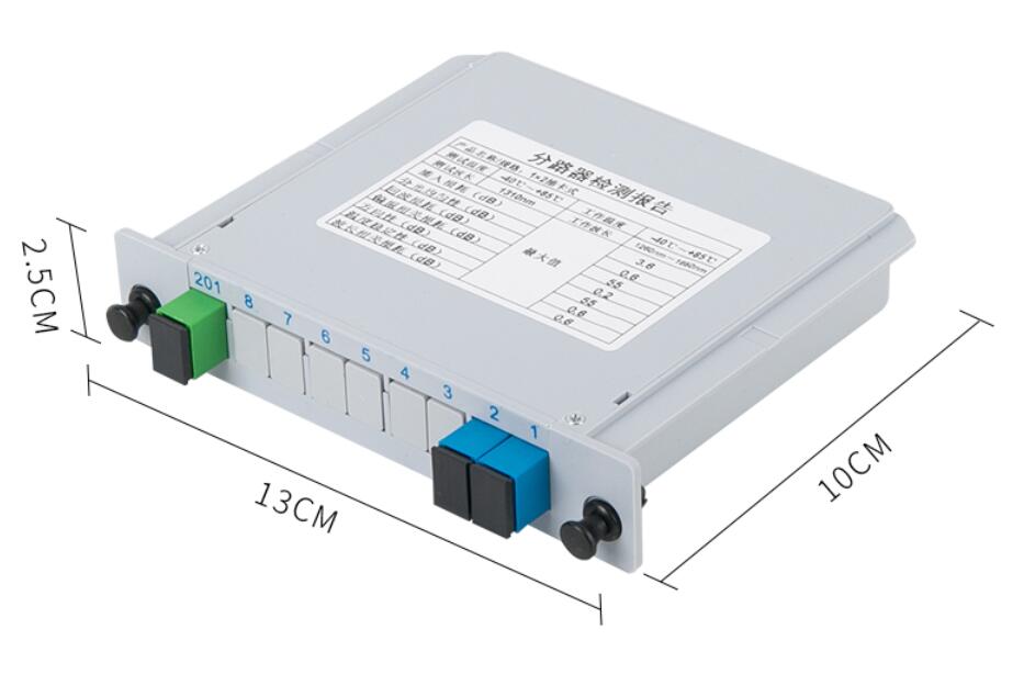 plc splitter cassette type with 1:9 blockless plc splitter sc apc inside, split ratio:70%:30%, 1ch 70%, 2 9ch: 3.75% each, use for fdb fat box