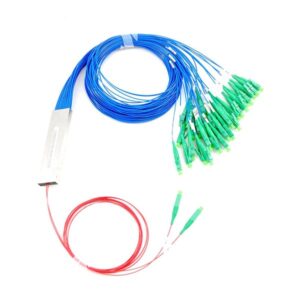 2×32 fiber splitter with lc/apc connectors, mini steel tube 900um loose tube, in: red color, out: blue,single mode senstiive fiber g.657b3