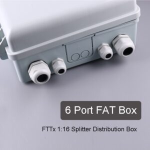 plastic gpon splitter fiber optic wall mount termination box, 2 1:16 or 4 1:8 splitter modules, 2 splice trays for 48 cores splicing, 2 uncut + 4 round ports