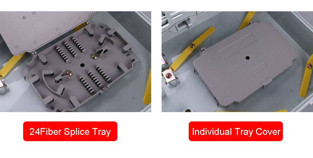1:16 plc splitter fo splice box, gray,ip65, indoor outdoor wall mounting, 1pc splice tray for 24 single fiber splicing, rubber seals or cable glands for cable entrance