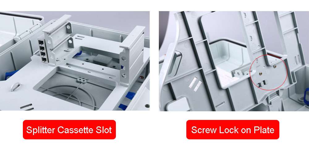 OTB-16C FAT box fiber optic splitter brackets are fixed on the plastic plate by screws