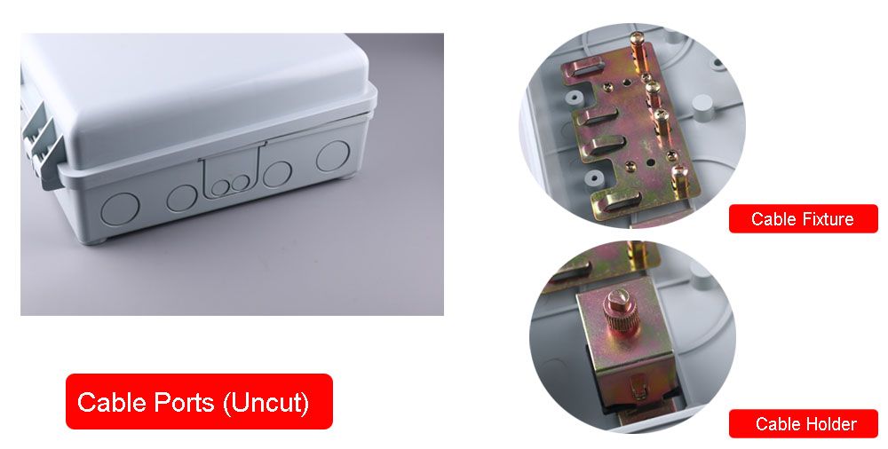 48 cores ftth fibre box on wall, 2 splice trays, 48 sc simplex adapter with flange, 2x1:16 lgx splitter or 4x 1:8 lgx splitter optional ip65, gray, abs+pc material, anti uv