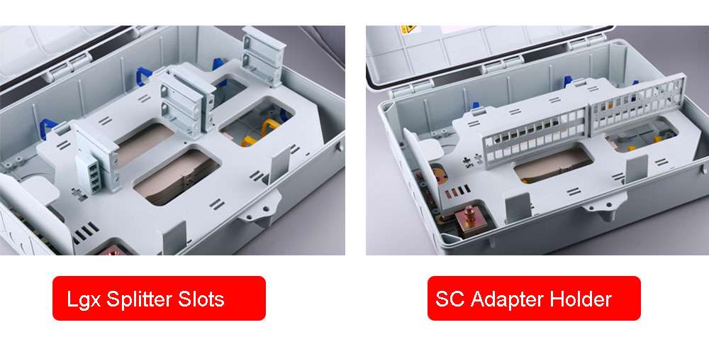 48 cores ftth fibre box on wall, 2 splice trays, 48 sc simplex adapter with flange, 2x1:16 lgx splitter or 4x 1:8 lgx splitter optional ip65, gray, abs+pc material, anti uv