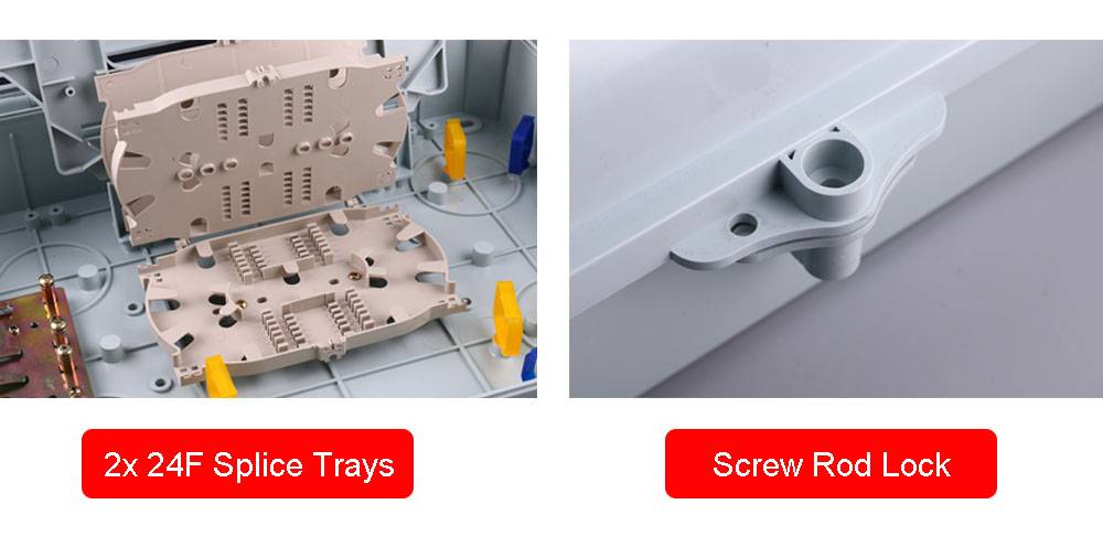 48 cores ftth fibre box on wall, 2 splice trays, 48 sc simplex adapter with flange, 2x1:16 lgx splitter or 4x 1:8 lgx splitter optional ip65, gray, abs+pc material, anti uv