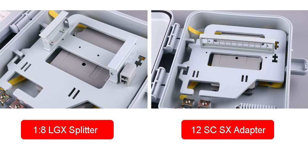 4 port fiber optic box wall mounted, gray, ip65, ul flame retartant, 1:8 splitter cassette module slots, waterproof, key lock
