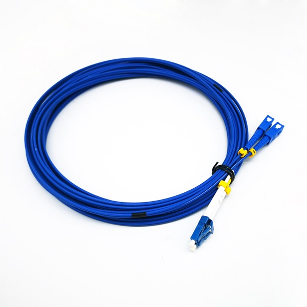 quality armoured lc sc single mode fiber patch cable duplex, zipcord 2 cores corning smf fiber g657a1 lszh 2mm 10m, blue, sc without clip, yellow a b mark