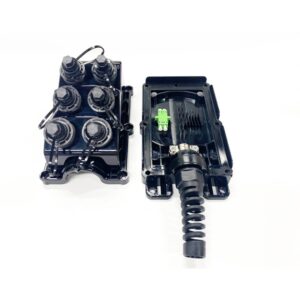 6 port pole mounted base station use mst fiber tap, 5 14mm round feeder cable port with grommet, dual lc connectors with supertap waterproof plugs outputs, empty, black, max.4 fiber splicing