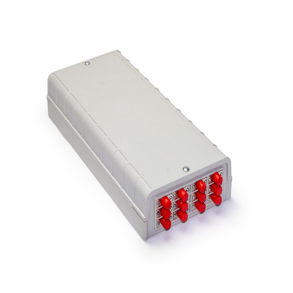 indoor wall mounted ftth terminal box, white, abs, 12 cores fusion splicing, 2 cable entry, 12 fc adapter exit, compact size