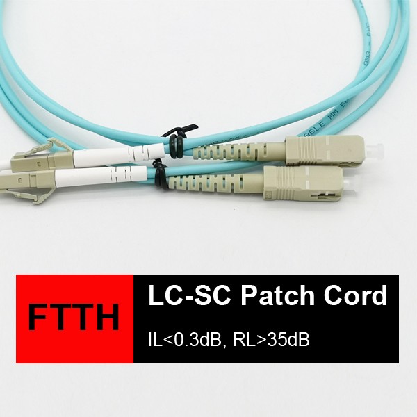data center use stable lc to sc patch cord multimode, simplex mm 0m3 10g 50/125um aqua cable 3.0mm 1 mts, pvc sheath