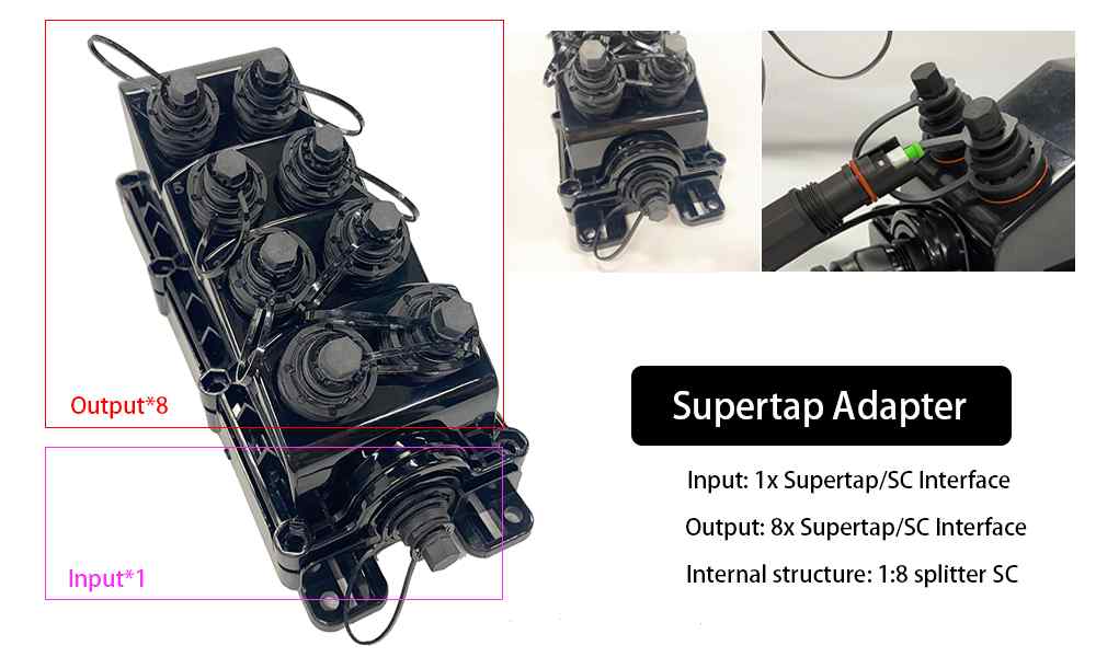 mst fiber box for ftth access to internet, pre installed 1:8 fiber splitter sc connectors 1mts, compatible with optitap, 1 in 8 out fiber closure