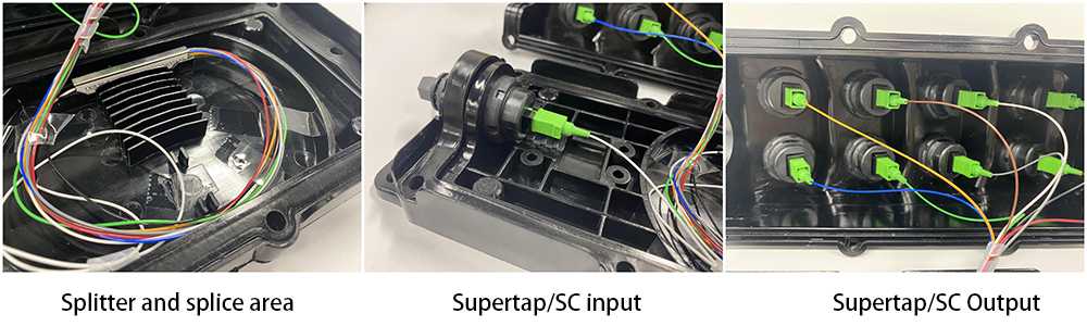 mst fiber box for ftth access to internet, pre installed 1:8 fiber splitter sc connectors 1mts, compatible with optitap, 1 in 8 out fiber closure