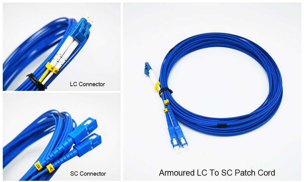 quality armoured lc sc single mode fiber patch cable duplex, zipcord 2 cores corning smf fiber g657a1 lszh 2mm 10m, blue, sc without clip, yellow a b mark
