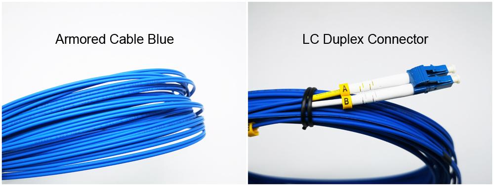 quality armoured lc sc single mode fiber patch cable duplex, zipcord 2 cores corning smf fiber g657a1 lszh 2mm 10m, blue, sc without clip, yellow a b mark