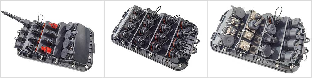 ip68 outdoor pole mount 12 fiber mst tail, flat drop cable entry, 8 mini sc hardened connectors, empty, black (copy)