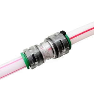 green ip68 plastic microduct reduced connector, 10mm to 8mm, 12mm to 10mm, different od. at both ends, for air blown cable laying in pipeline