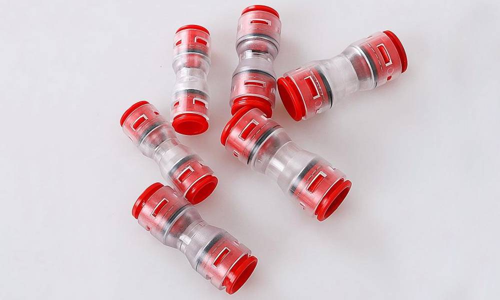 hdpe direct buried straight microduct connector for fttx air blown cable laying, 3mm to 20mm micro duct straight through the connector, red color, ip68 good sealing