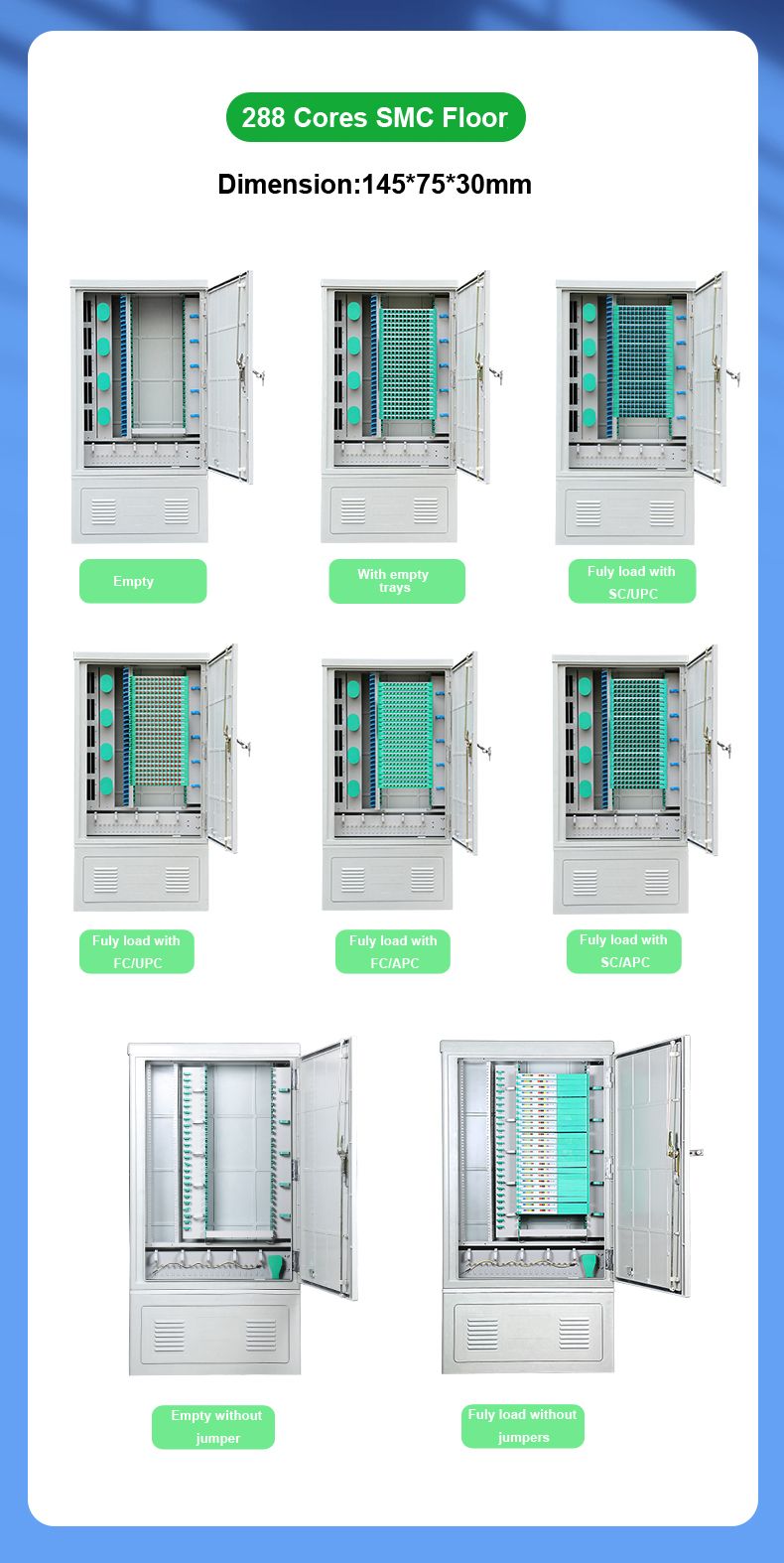 ip65 durable outdoor floor smc cross connect cabinet telecom for gsm, 288 cores fiber optic capacity, wall mount optional