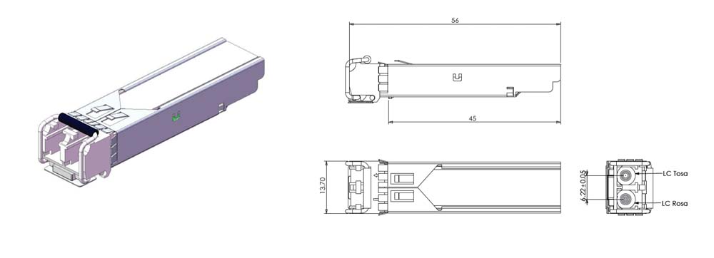 fiber switch / router use 1.25 g sfp transceivers 850nm wavelength, transmission distance 550m, lc duplex ports, om3 om4 cable, temperature 0~+70 ℃, 10pcs / box