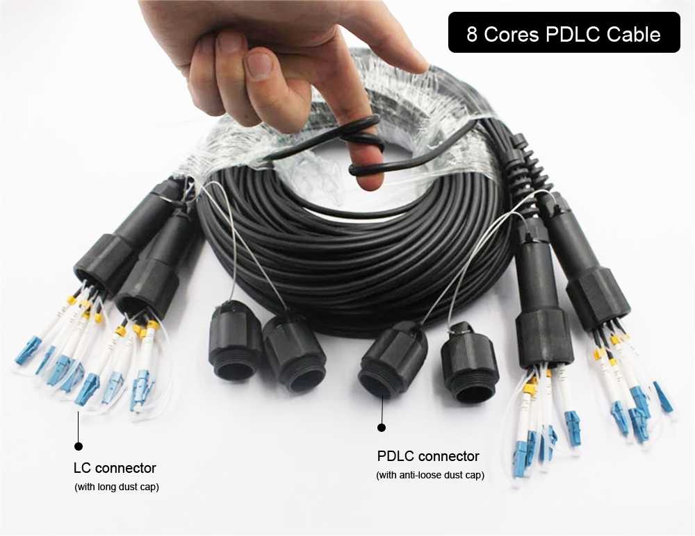 6 cores outdoor lc lc fiber optic cable with pdlc waterproof connectors 7mm 150 meter, breakout 2 cores and 4 cores lc/upc blue connectors, with anti loose dust caps