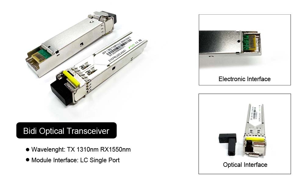 mini data center 1.25gbps sfp bi directional optical module, 20km reach, 1550nm tx / 1310nm rx, industrial use 40 ~ +85 ℃