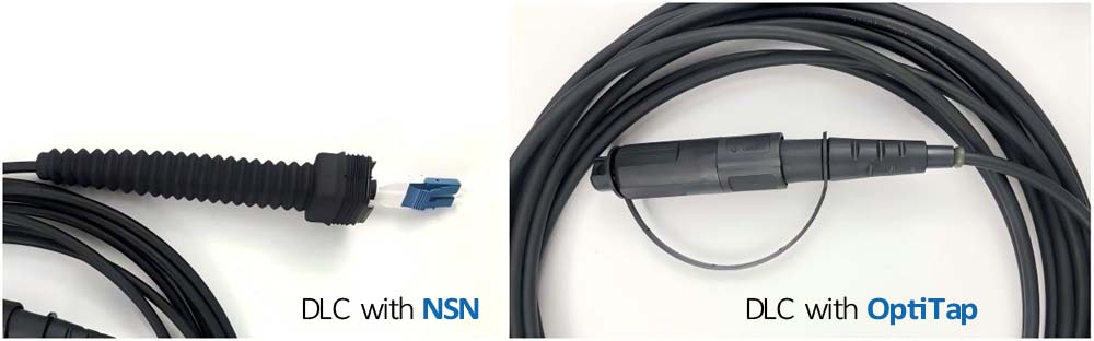 cost effective ftta outdoor lc to lc fiber optic cable, gyfjh 5.0mm black 2 cores sm duplex, side a: nsn boot, side b: optitap plug, ip68 protection, field installation cpri cable