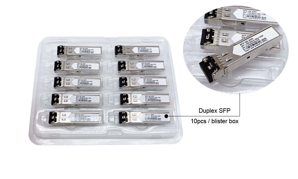 fiber switch / router use 1.25 g sfp transceivers 850nm wavelength, transmission distance 550m, lc duplex ports, om3 om4 cable, temperature 0~+70 ℃, 10pcs / box