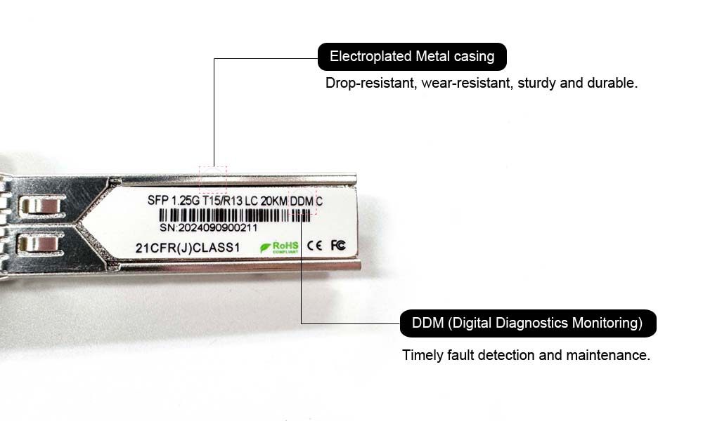 mini data center 1.25gbps sfp bi directional optical module, 20km reach, 1550nm tx / 1310nm rx, industrial use 40 ~ +85 ℃