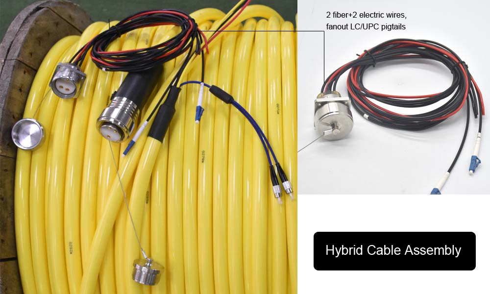 electrical engineering exterior fiber optic cable ul94 v0, hybrid cable 2 fiber + 2 electric wires, mil type circular connector stainless steel