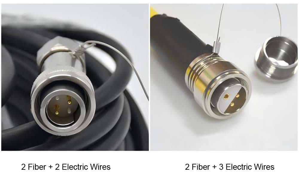 electrical engineering exterior fiber optic cable ul94 v0, hybrid cable 2 fiber + 2 electric wires, mil type circular connector stainless steel
