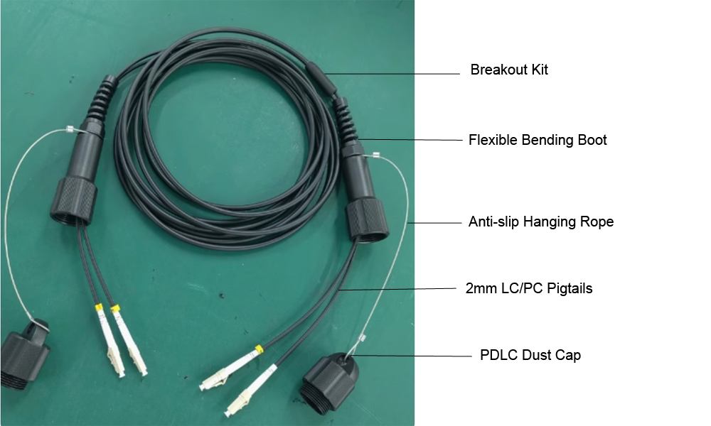 dplc patch cord fo lc lc singlemode sm dx, armored cable 2 cores 7.0mm g652d 100m, breakout out 2.0mm lc/upc connectors 30cm, a b mark (copy)