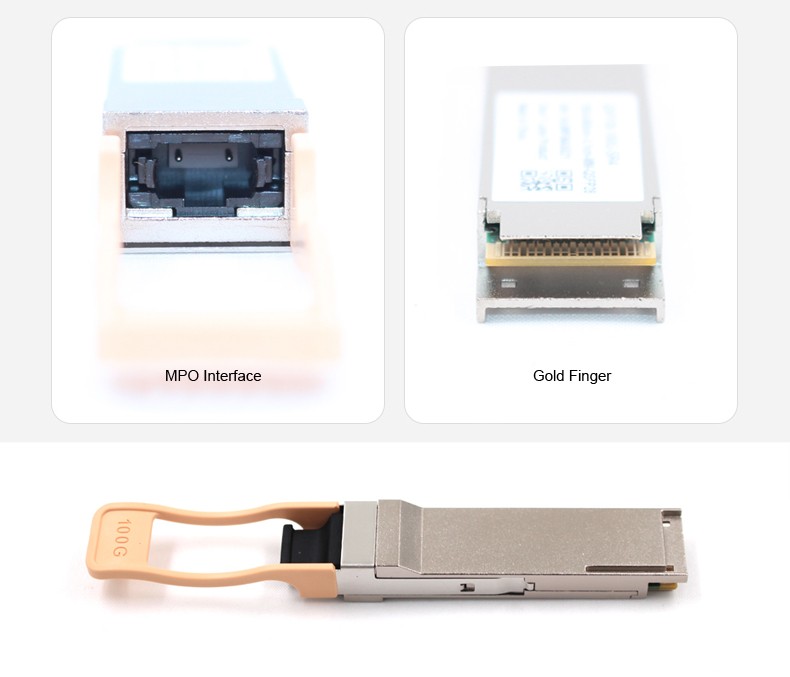 qsfp28 100g optical transceiver, multimode om3 12 fiber mpo interface 850nm 100m short range sr for cross rack backbone transmission