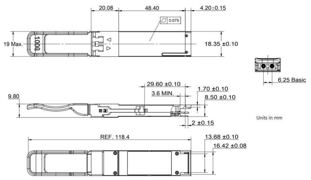 hot pluggable qsfp28 form factor 100g transceiver 1310nm lc duplex interface, blue clasp,100gbps qsfp28 lr4, 10km on smf, 0ºc ~ +70ºc, with ddm (copy)