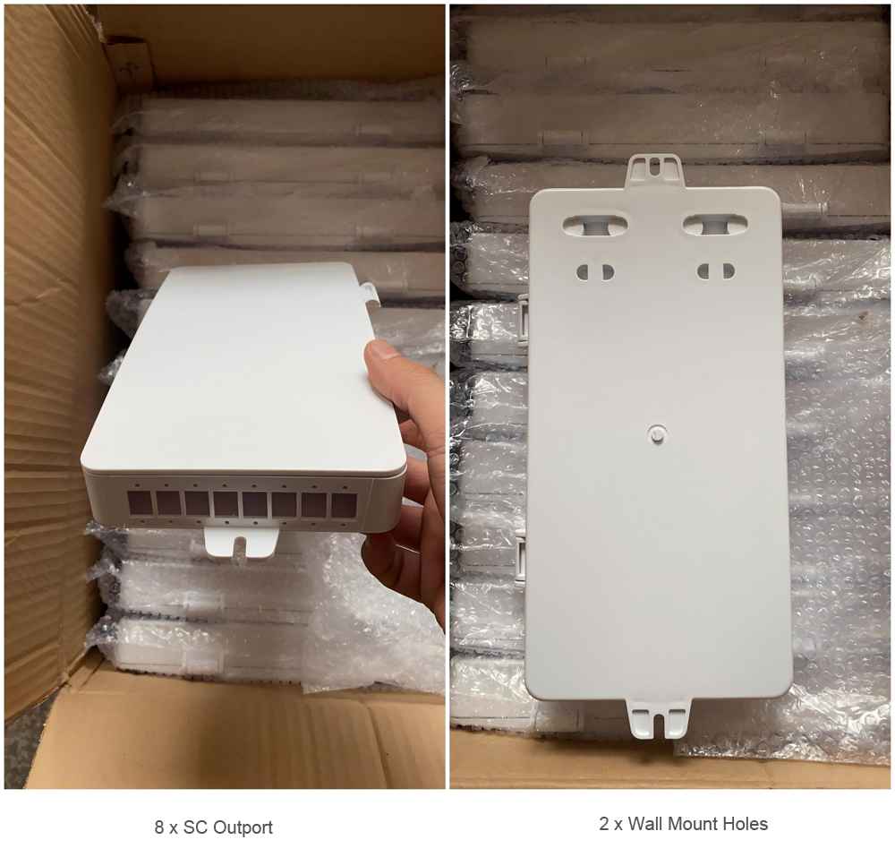 fttb floor subscriber plastic optical termination box, 2 cable in, 8 sc adapter out, wall mounting, white abs ul94v0 material