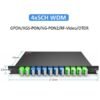 fiber optic 5ch wdm wavelength dvision multiplexer gpon xgs pon ng pon2 rf video and otdr,pon sc/upc blue connectors, com rf video otdr sc/apc green connectors, plug in lgx box 215*150*20mm, metal, black